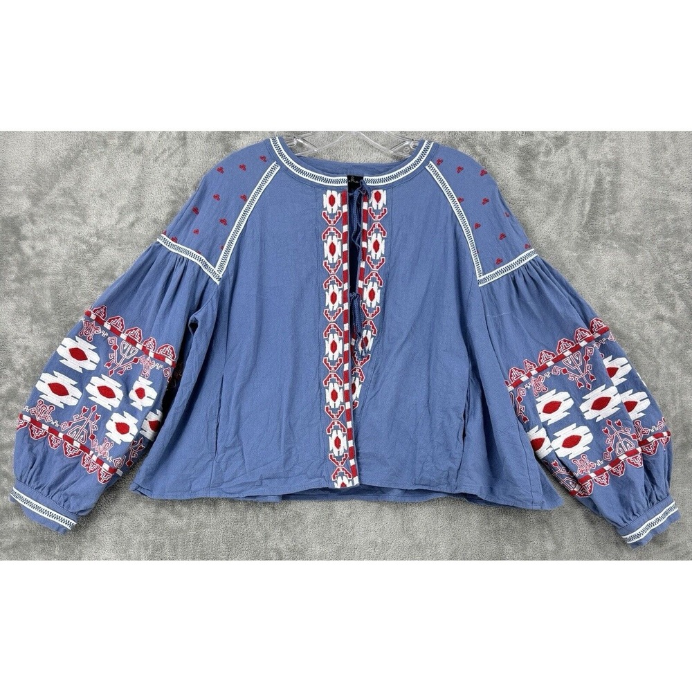 RD & Koko Blouse Womens‎ Large Tie Western Aztec Puff Sleeve Boho Southwestern